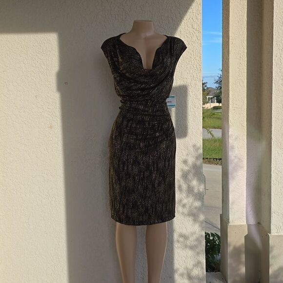 BRAND NEW ANNE KLEIN DRAPERS NECK SEQUINS EMBELLISHED KNEE-LENGTH DRESS - Picture 2 of 12